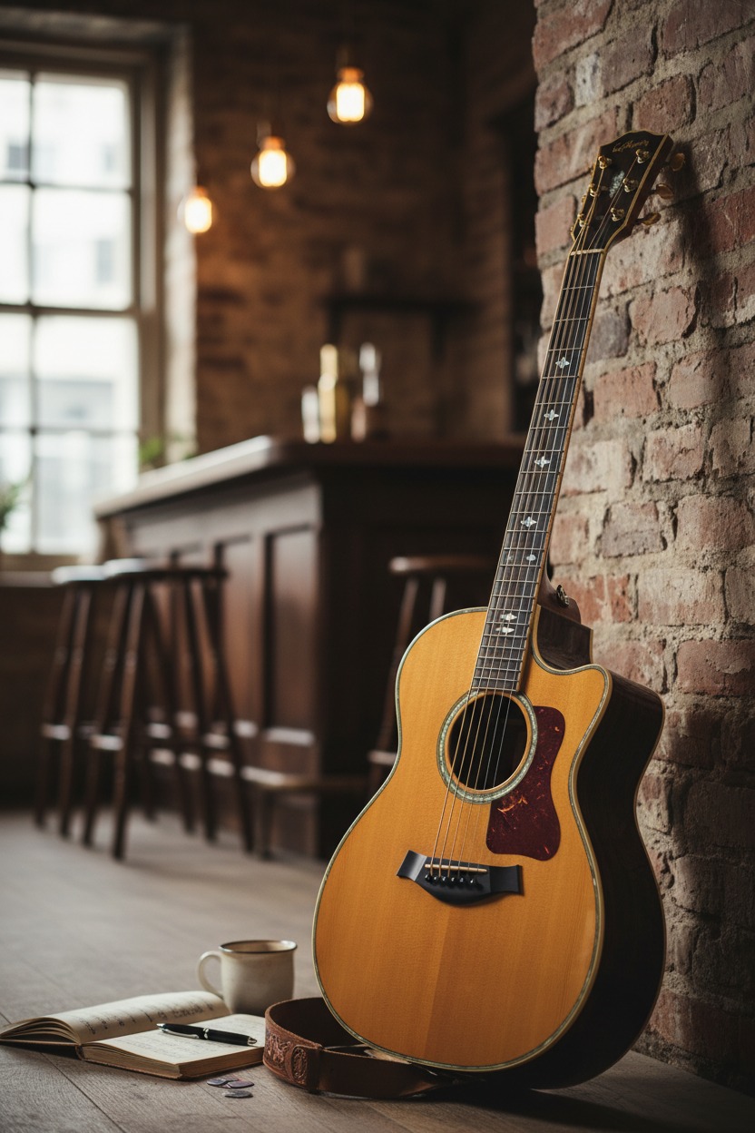 An acoustic guitar leans against a brick wall in a dimly lit room with a bar and stools in the background.